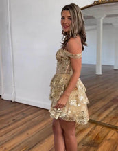 Load image into Gallery viewer, Stunning A-Line Off The Shoulder Tiered Glitter Homecoming Dress With Appliques