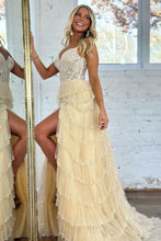 Load image into Gallery viewer, Charming Off The Shoulder A-Line Long Tiered Prom Dress With Sequin
