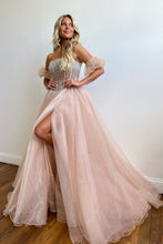 Load image into Gallery viewer, Cute A-Line Strapless Long Tulle Prom Dress With Split And Beading