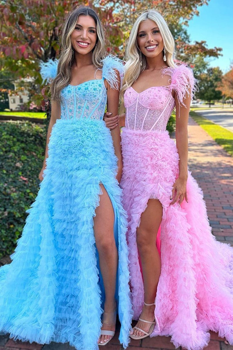 Luuvis Women Evening Dress Cute A-Line Feather Straps Long Ruffle Prom