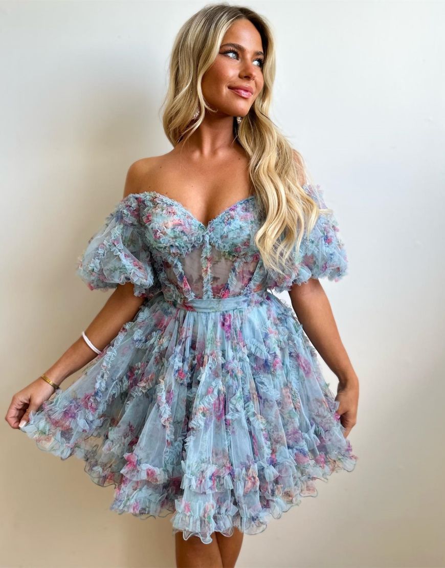 Luuvis Cute A-Line Off The Shoulder Short Tulle Print Homecoming Dress