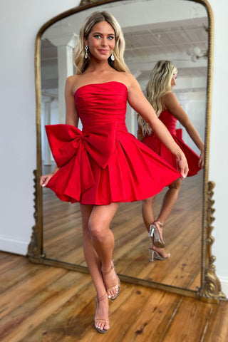 Cute A-Line Strapless Short Satin Homecoming Dress With Bowknot