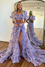 Load image into Gallery viewer, Cute A-Line Two Pieces Square Neck Long Print Tulle Prom Dress With Split