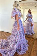 Load image into Gallery viewer, Cute A-Line Two Pieces Square Neck Long Print Tulle Prom Dress With Split