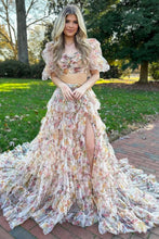 Load image into Gallery viewer, Cute A-Line Two Pieces Square Neck Long Print Tulle Prom Dress With Split