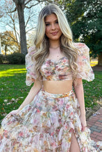 Load image into Gallery viewer, Cute A-Line Two Pieces Square Neck Long Print Tulle Prom Dress With Split