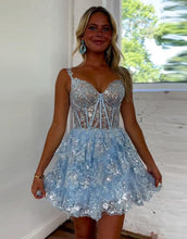Load image into Gallery viewer, Cute Glitter A-Line Straps Zipper Back Tiered Homecoming Dress