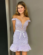 Load image into Gallery viewer, Cute Lilac Off The Shoulder Tight Lace Homecoming Dress with Belt