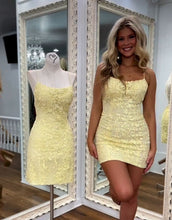 Load image into Gallery viewer, Cute Yellow Spaghetti Straps Homecoming Dress With Appliques