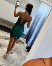 Load image into Gallery viewer, Dark Green Tight Glitter Homecoming Dress With Appliques