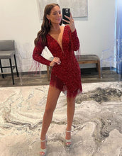Load image into Gallery viewer, Dark Red Long Sleeves Homecoming Dress With Tassel