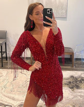 Load image into Gallery viewer, Dark Red Long Sleeves Homecoming Dress With Tassel