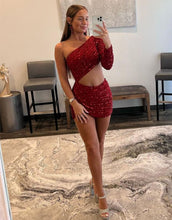 Load image into Gallery viewer, Dark Red One Shoulder Cutout Waist Glitter Homecoming Dress