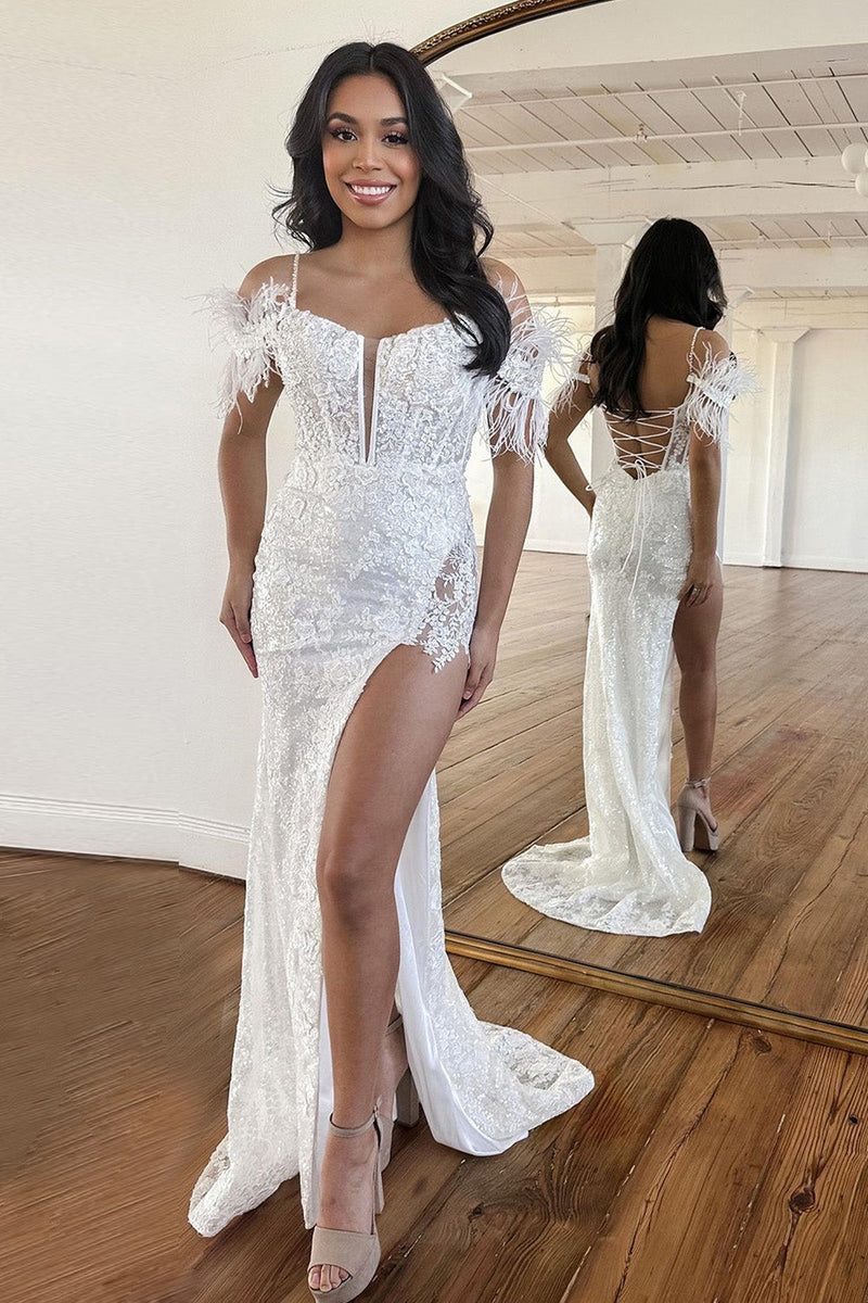 White lace mermaid long prom dress, white lace evening dress main image 1