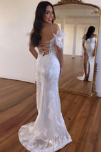 Load image into Gallery viewer, Elegant White Mermaid Lace Up Long Corset Prom Dress With Feather