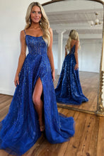 Load image into Gallery viewer, Glitter Royal Blue Spaghetti Straps Lace Up A-Line Long Prom Dress