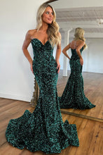 Load image into Gallery viewer, Glitter Sequin Dark Green Mermaid Sweetheart Long Prom Party Dress