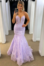 Load image into Gallery viewer, Glittler Lilac Mermaid Spaghetti Straps Long Corset Prom Dress