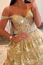 Load image into Gallery viewer, Sparkly Gorgeous A-Line Off The Shoulder Long Prom Dress with Sequin Appliques
