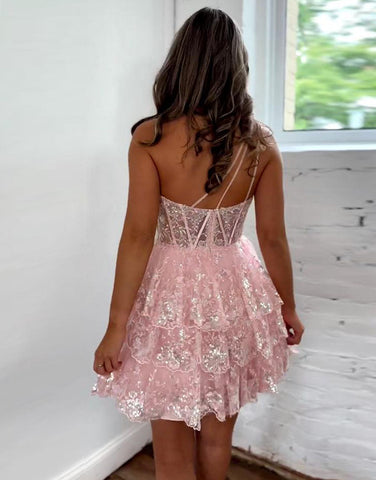 Cute Pink A-Line One Shoulder Homecoming Dress With Appliques