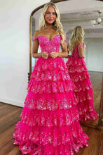 Load image into Gallery viewer, Sparkly Gorgeous A-Line Off The Shoulder Long Prom Dress with Sequin Appliques