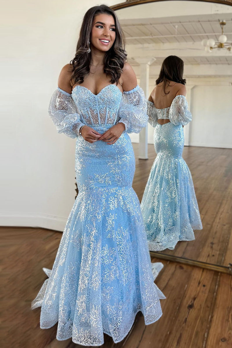 Luuvis Women Light Blue Mermaid Prom Dress Gorgeous Backless Long