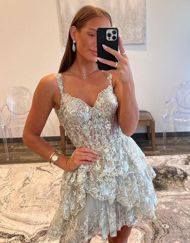 A-Line Glitter Off The Shoulder Tiered Short Homecoming Party Dress