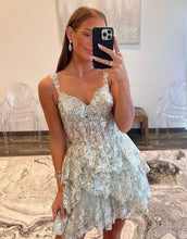 Load image into Gallery viewer, A-Line Glitter Off The Shoulder Tiered Short Homecoming Party Dress