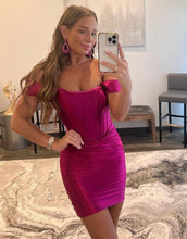 Load image into Gallery viewer, Grape Off The Shoulder Short Satin Homecoming Dress