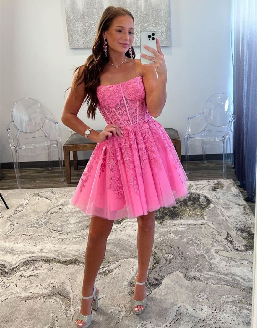 Hot Pink A-Line Tulle Short Homecoming Dress with Lace main image 0