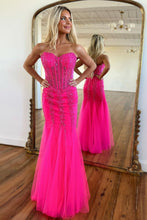 Load image into Gallery viewer, Hot Pink Floor Length Mermaid Sweetheart Tulle Prom Dress With Beading
