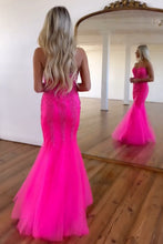 Load image into Gallery viewer, Hot Pink Floor Length Mermaid Sweetheart Tulle Prom Dress With Beading