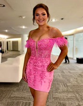 Load image into Gallery viewer, Hot Pink Off The Shoulder Tight Lace Homecoming Dress With Feather