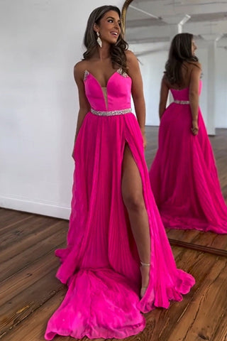 Hot Pink Strapless A-Line Sweep Train Prom Dress With Beaded Belt