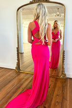 Load image into Gallery viewer, Hot Pink V-Neck Cross Back Long Satin Corset Prom Party Dress