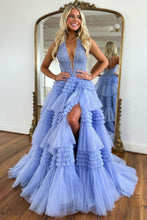 Load image into Gallery viewer, Lavender Glitter A-Line Halter Neck Open Back Long Ruffle Tulle Prom Dress