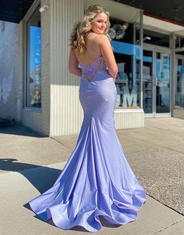 Lavender Spaghetti Straps Long Prom Dress With Butterfly Back