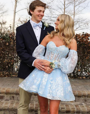 Light Blue A-Line Sweetheart Homecoming Dress With Detachable Sleeves