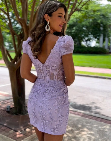 Lilac Square Neck Short Homecoming Dress With Appliques