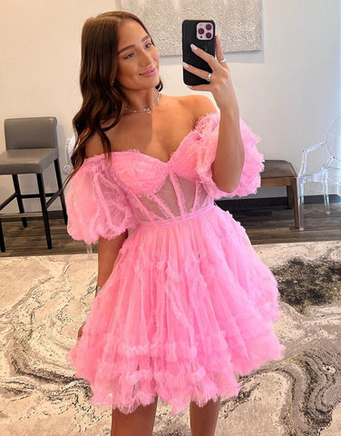 Sweet A-Line Off The Shoulder Short Tulle Homecoming Dress