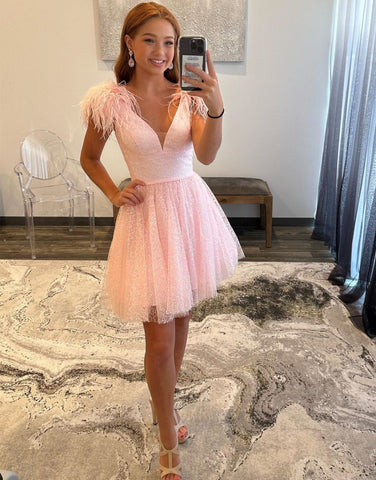 Lovely A-Line V-Neck Short Homecoming Dress With Feather