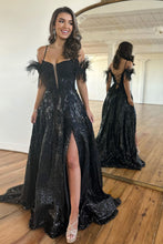 Load image into Gallery viewer, Luxurious Glitter A-Line Off The Shoulder Lace Up Prom Dress With Split