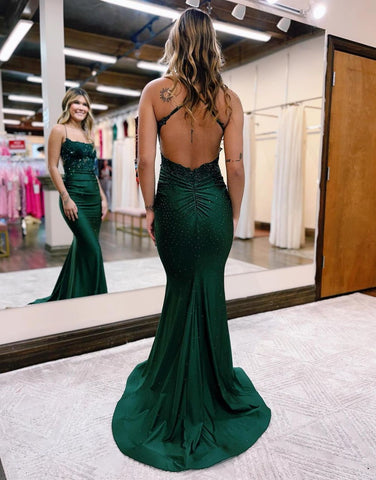 Mermaid Elastic Satin Spaghetti Straps Prom Dress