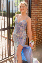 Load image into Gallery viewer, Mermaid Spaghetti Straps Light Blue Sequins Long Prom Dress with Split Front