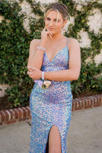 Load image into Gallery viewer, Mermaid Spaghetti Straps Light Blue Sequins Long Prom Dress with Split Front