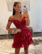 Load image into Gallery viewer, Stunning A-Line Off The Shoulder Tiered Glitter Homecoming Dress With Appliques