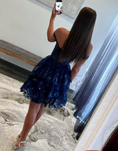 Load image into Gallery viewer, Stunning A-Line Off The Shoulder Tiered Glitter Homecoming Dress With Appliques