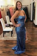 Load image into Gallery viewer, Navy Spaghetti Straps Criss-Cross Back Sequined Prom Dress