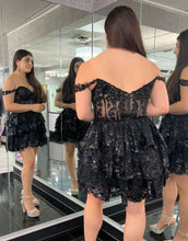 Load image into Gallery viewer, Dark Blue Off The Shoulder A-Line Tiered Short Party Dress