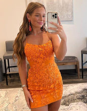 Load image into Gallery viewer, Orange Spaghetti Straps Bodycon Homecoming Dress With Appliques